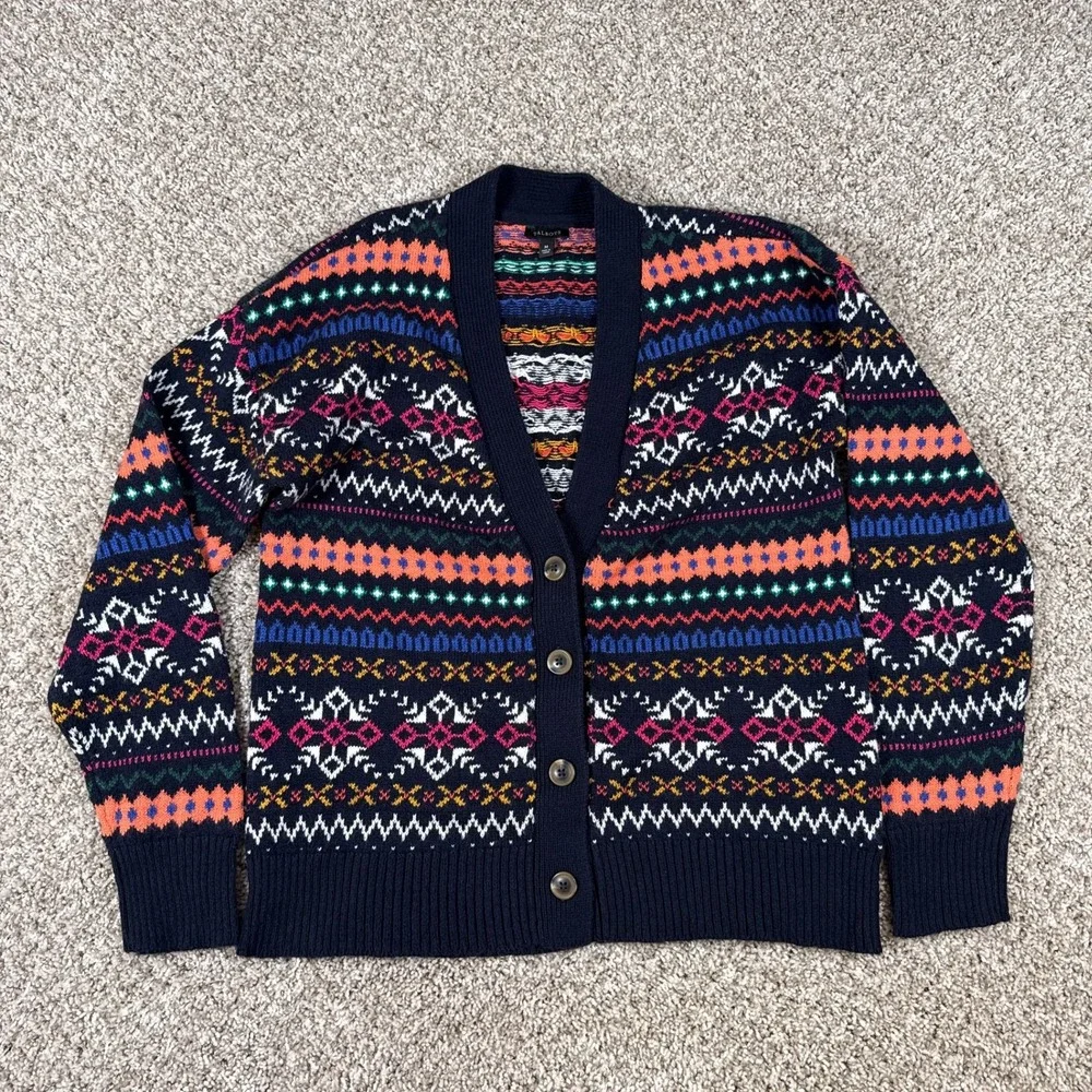 Talbots Cardigan Womens M Navy Fair Isle Button‎ Front Knit Sweater Long Sleeve
